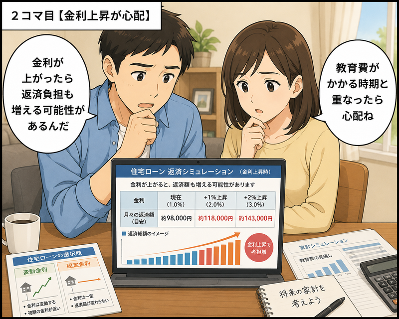 住宅ローンの金利上昇と教育費への影響を確認する30代夫婦