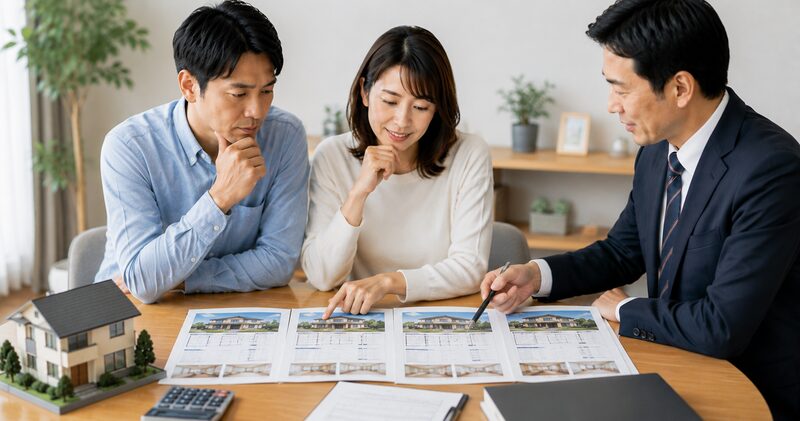 期限付きの不動産売却で複数社の査定価格や販売条件、売却プランを比較して検討する夫婦