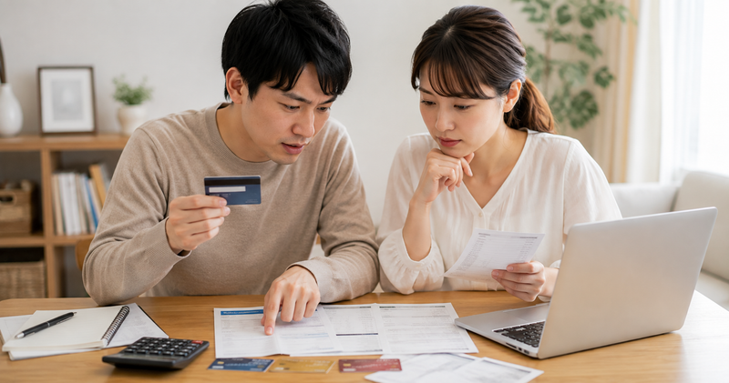 住宅ローン審査前にクレジットカードや支払履歴を確認する夫婦
