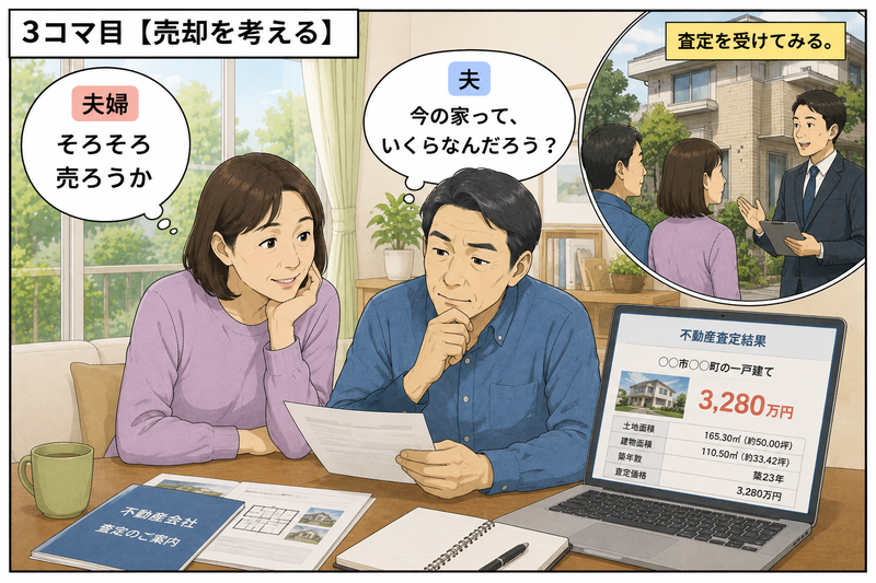 家の売却を考え始め、自宅の現在価値を知るため不動産会社に査定を依頼する夫婦