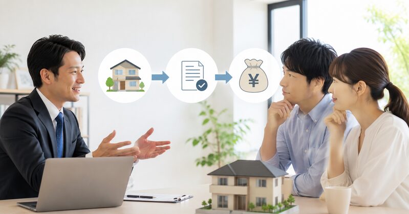 不動産買取の仕組みの説明を受ける夫婦