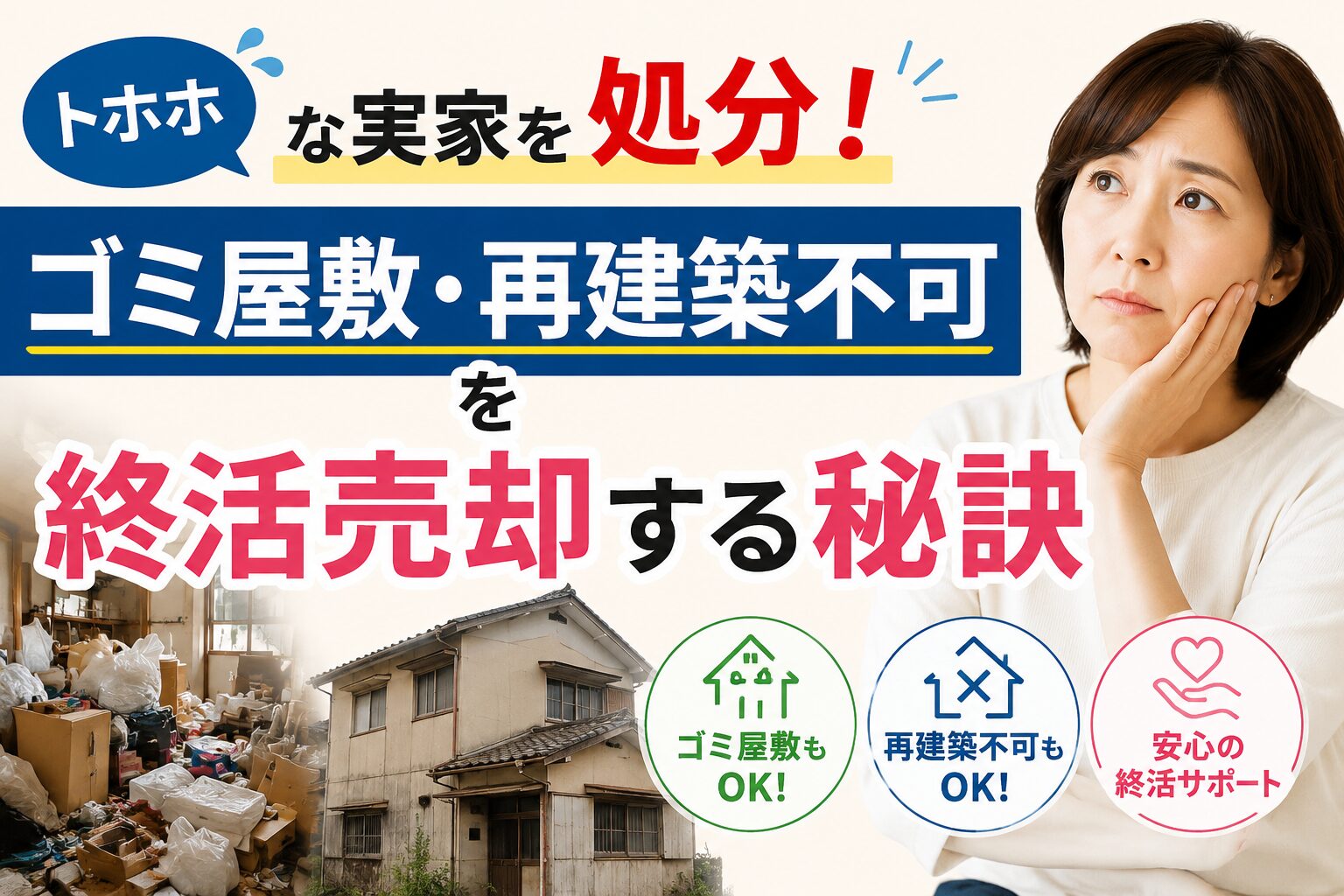 ゴミが散乱し、道が狭く建て替えができない古い実家の外観と、頭を抱える家族のイラスト