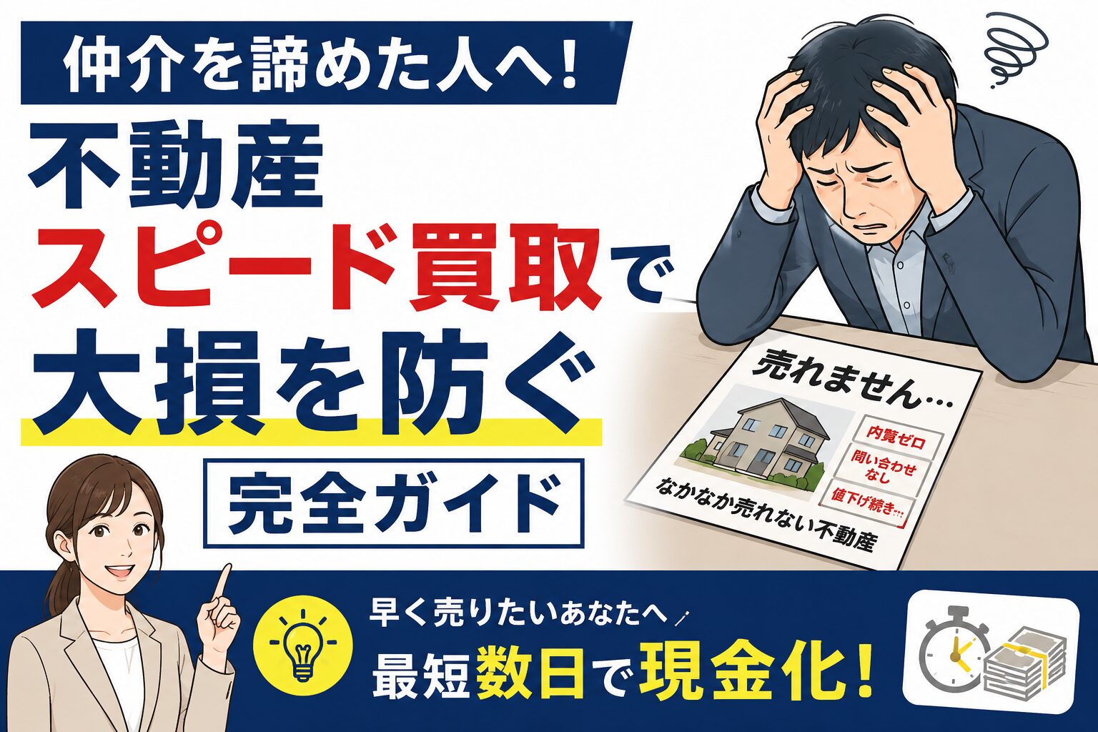 売れない不動産のチラシを見つめて頭を抱え、絶望している男性のイラスト