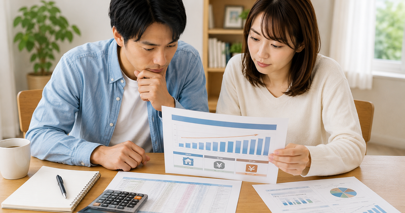 固定金利の住宅ローン返済計画を確認する30代夫婦