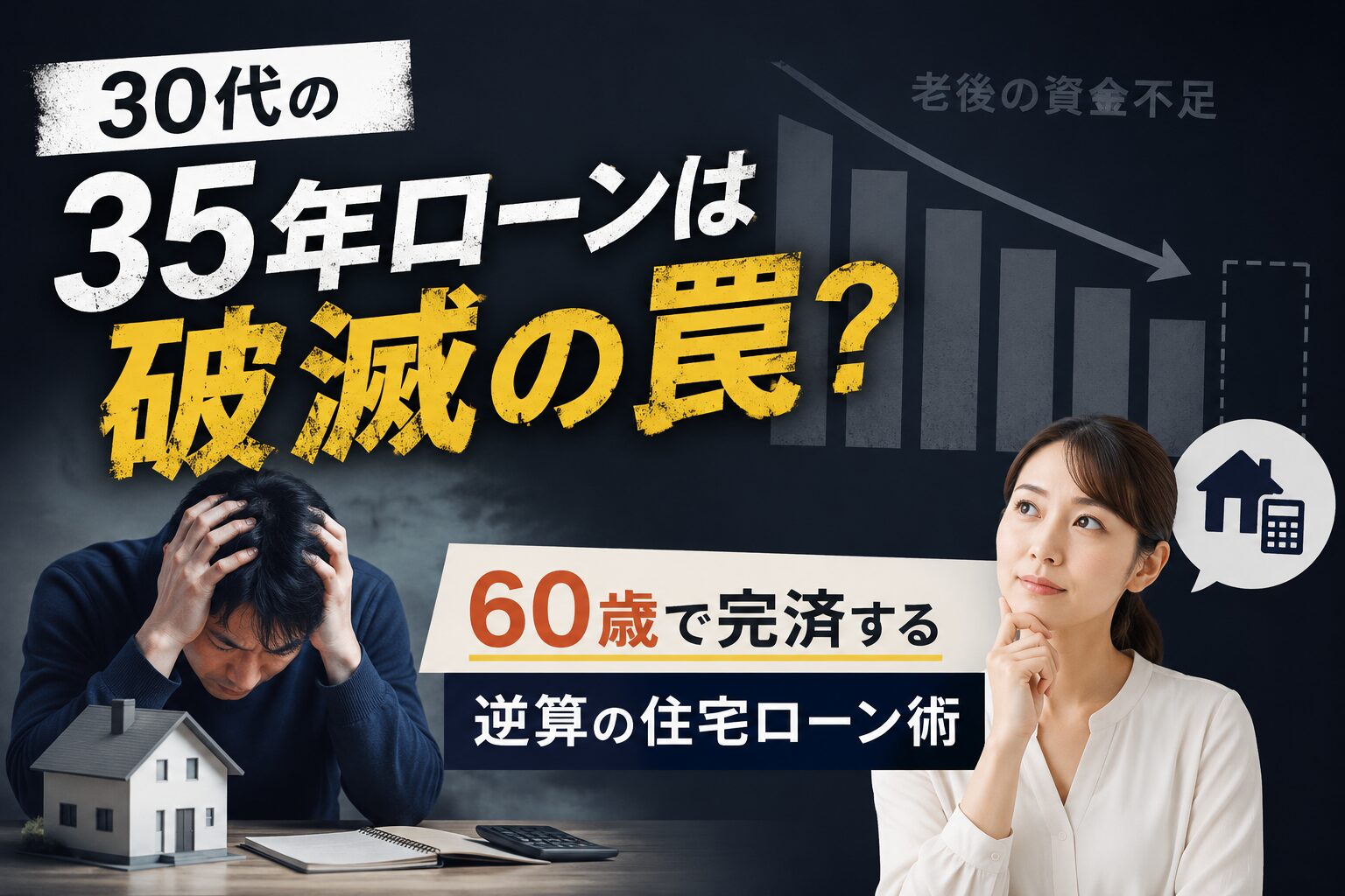暗い背景に、頭を抱える30代男性と「35年ローン」の文字。背景には老後の資金不足を連想させるグラフ。 -->