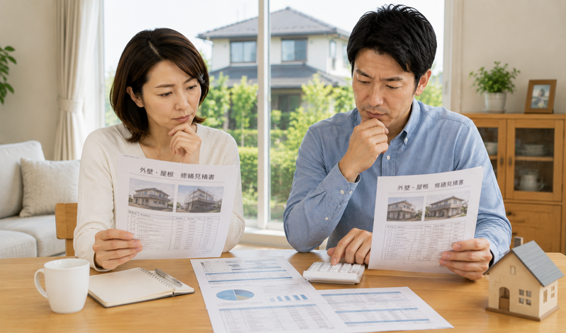 外壁や屋根の修繕見積書を見ながら今後の維持費を計算する夫婦