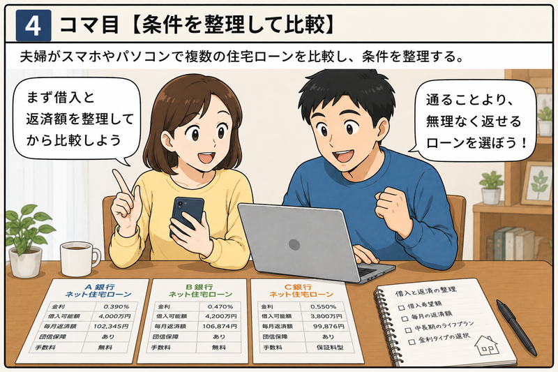 
借入額や毎月の返済額を整理し、スマートフォンとパソコンで複数のネット銀行の住宅ローン条件を比較する30代夫婦
