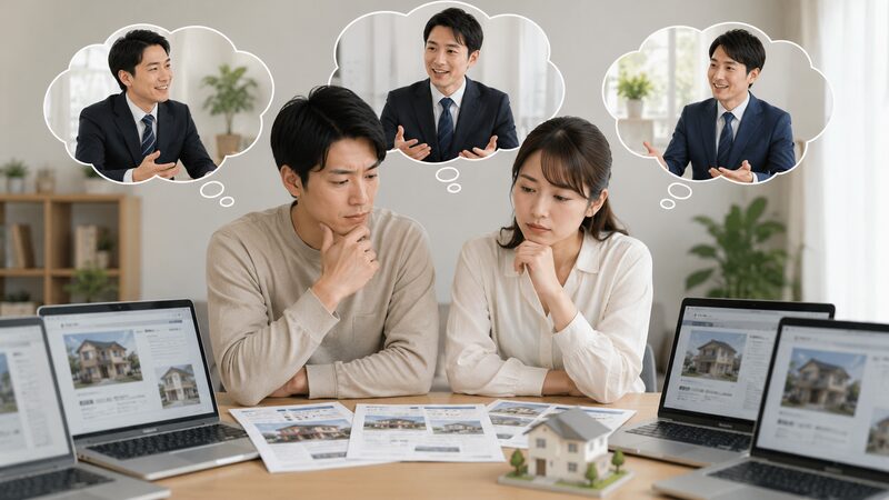 数社の不動産会社の中からどこに頼むか相談する夫婦