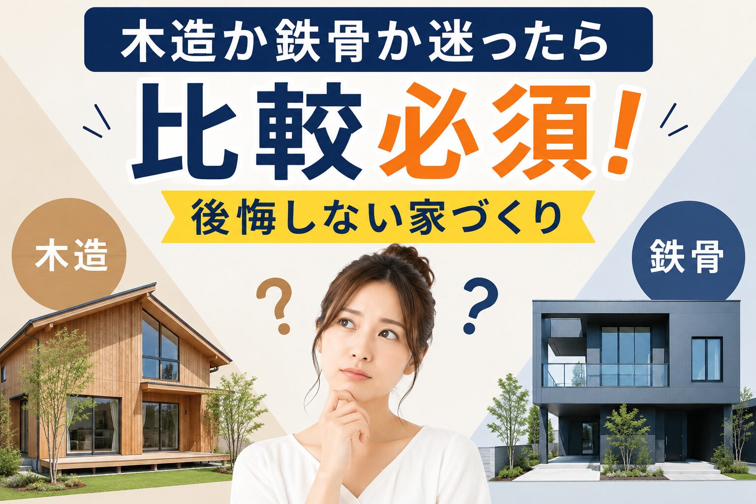 木造住宅と鉄骨住宅を比較しながら家づくりに悩む夫婦のイメージ