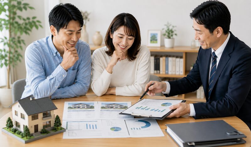 複数の不動産会社の査定や売却条件を比較し、納得できる期限付き売却を進める夫婦と営業担当者