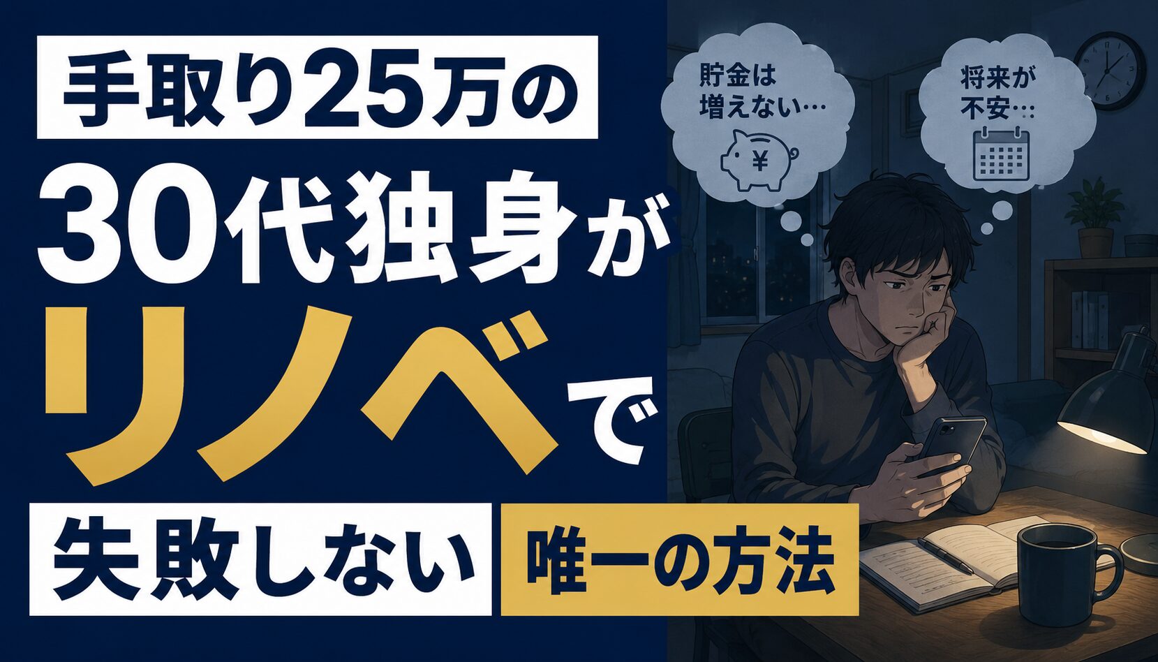 貯金と将来に不安を抱えながら、暗い部屋でスマートフォンの画面を見つめる30代独身男性のイラスト