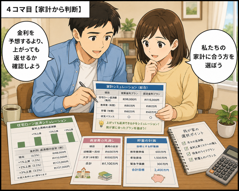 住宅ローンと教育費や貯蓄を確認して金利タイプを選ぶ夫婦