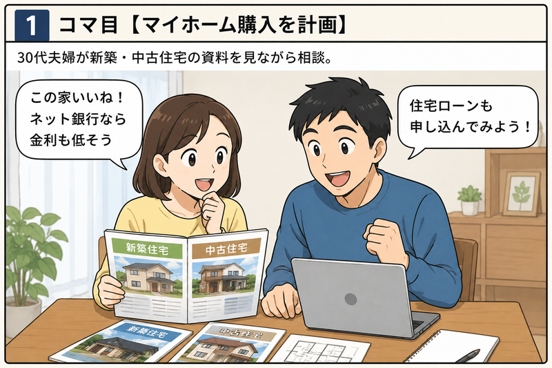 新築・中古住宅の資料を見ながら、ネット銀行の住宅ローン申し込みを相談する30代夫婦