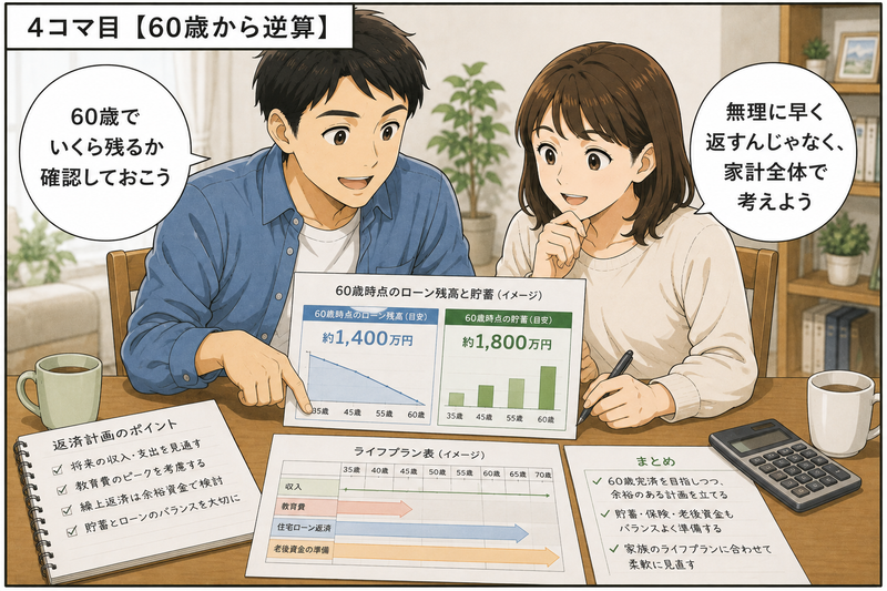 **代替テキスト(ALT)**
`60歳時点の住宅ローン残高と貯蓄額を確認し、家計全体から返済計画を考える30代夫婦`