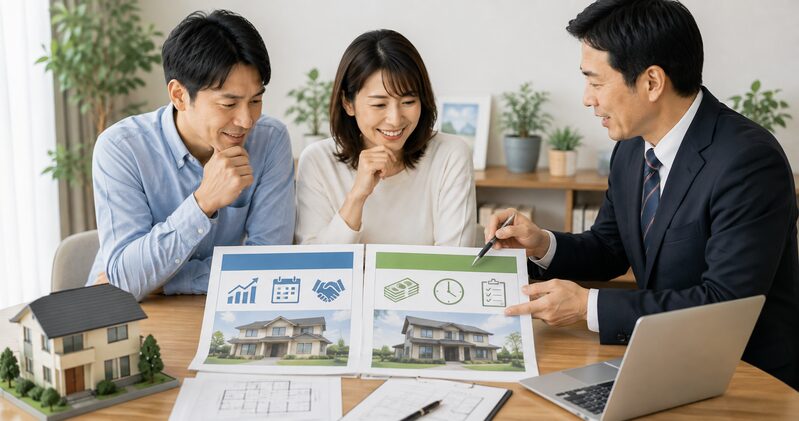 不動産売却で仲介と買取の価格・売却期間・条件を比較し、営業担当者から説明を受ける夫婦