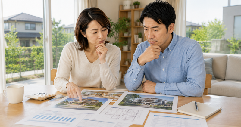 現在の家と住み替え先の資料を並べて将来を相談する夫婦