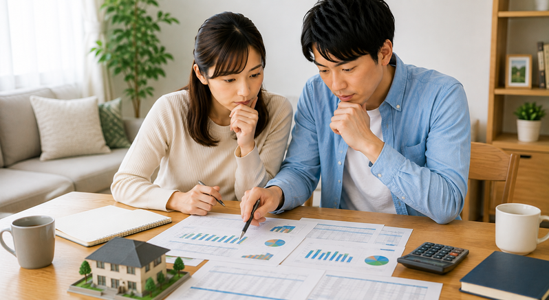 30代夫婦が5年ごとの住宅ローン返済計画を確認する様子