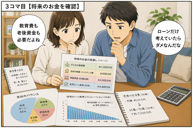 **代替テキスト(ALT)**
`教育費・住宅修繕費・老後資金と35年住宅ローンを並べて将来の返済計画を確認する30代夫婦`
