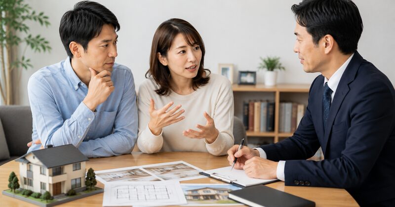 不動産の売却理由や事情を隠さず営業担当者に伝え、売却方法について相談する夫婦