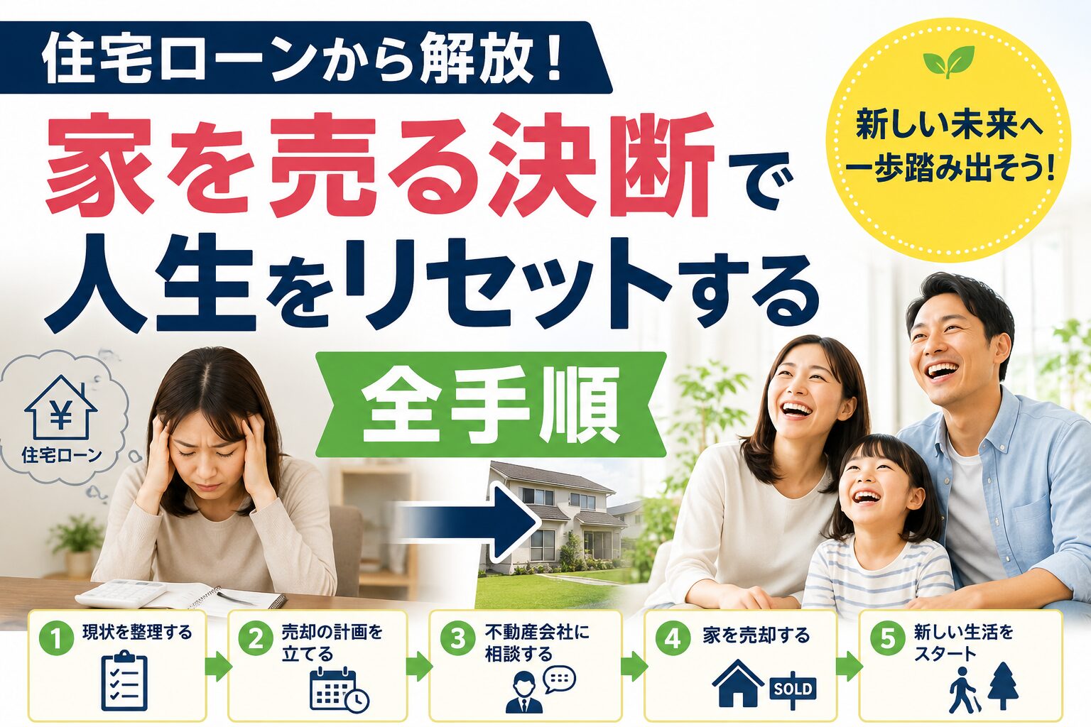 住宅ローンの重圧に頭を抱える人と、そこから解放されて笑顔になる家族のイメージ