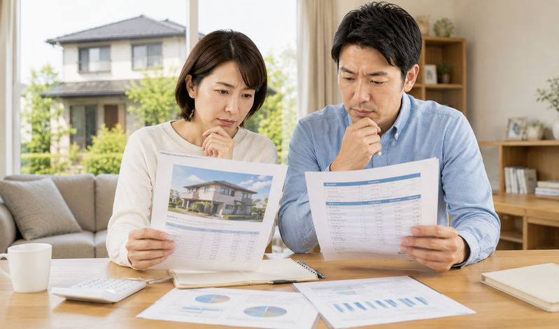 自宅の査定額と住宅ローン残高を比較する夫婦