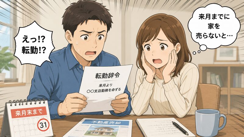 会社から転勤を命じられ、夫婦が「来月までに家を売らないと…」と焦っている。