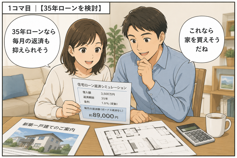 **代替テキスト(ALT)**
`35年住宅ローンの返済シミュレーションを見ながらマイホーム購入を検討する30代夫婦`