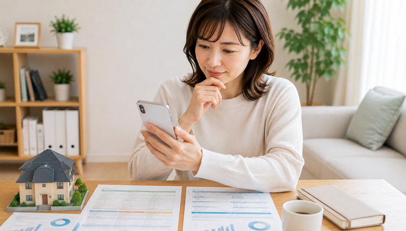 スマートフォンで複数のネット銀行の住宅ローンを比較する女性