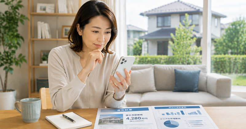 スマートフォンで自宅の現在価値を確認する女性