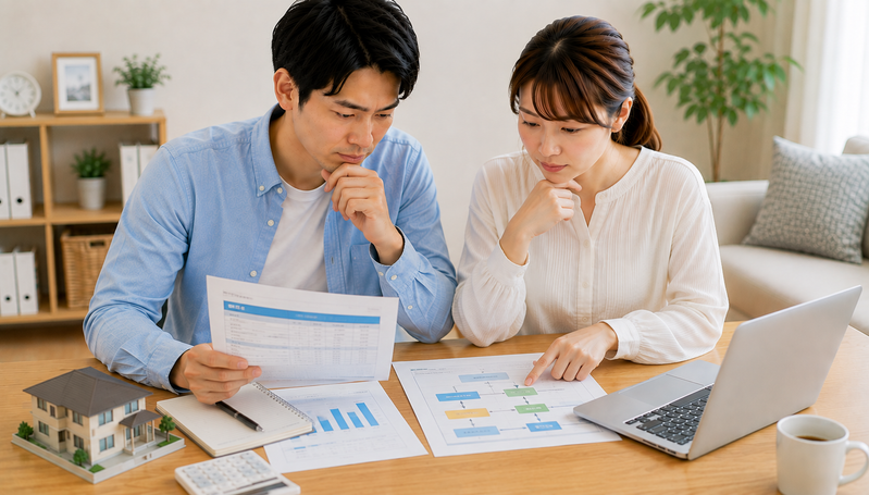 ネット銀行の住宅ローン審査結果を確認して今後の対策を相談する夫婦
