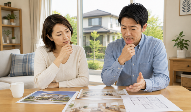 現在の家と将来の暮らしについて話し合う40〜50代夫婦