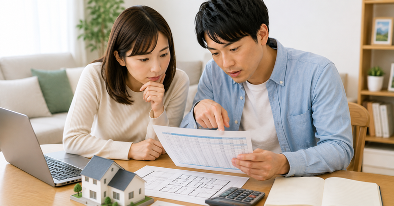 35年住宅ローンの完済年齢を確認する夫婦