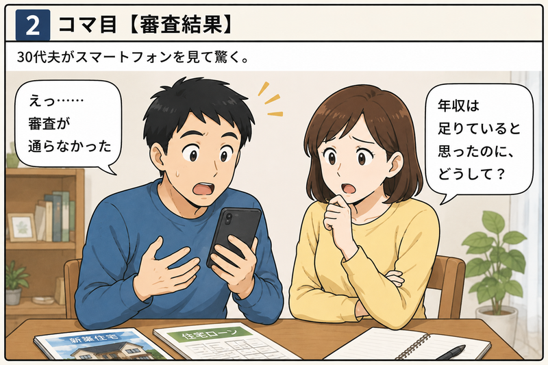 スマートフォンで住宅ローン審査に通らなかった結果を確認し、理由が分からず驚く30代夫婦