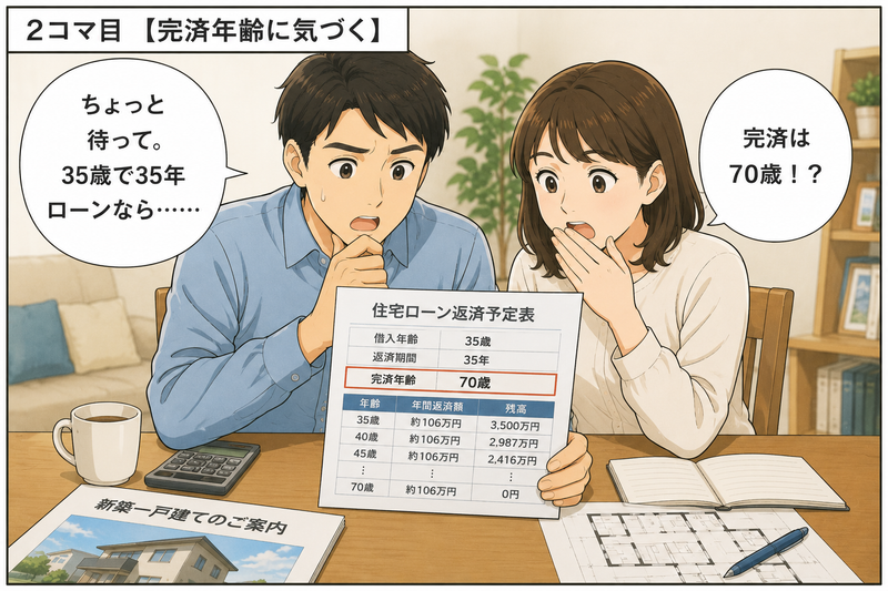 **代替テキスト(ALT)**
`35歳で35年住宅ローンを組むと完済年齢が70歳になることに気づいて驚く夫婦`