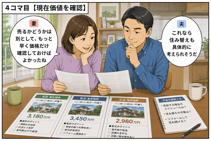 複数の不動産会社の査定価格を比較し、自宅の現在価値を確認して住み替えを具体的に検討する夫婦