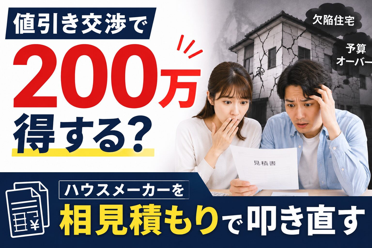 ハウスメーカーの見積書を見て青ざめる夫婦と、その背後にある欠陥住宅・予算オーバーの恐怖イメージ