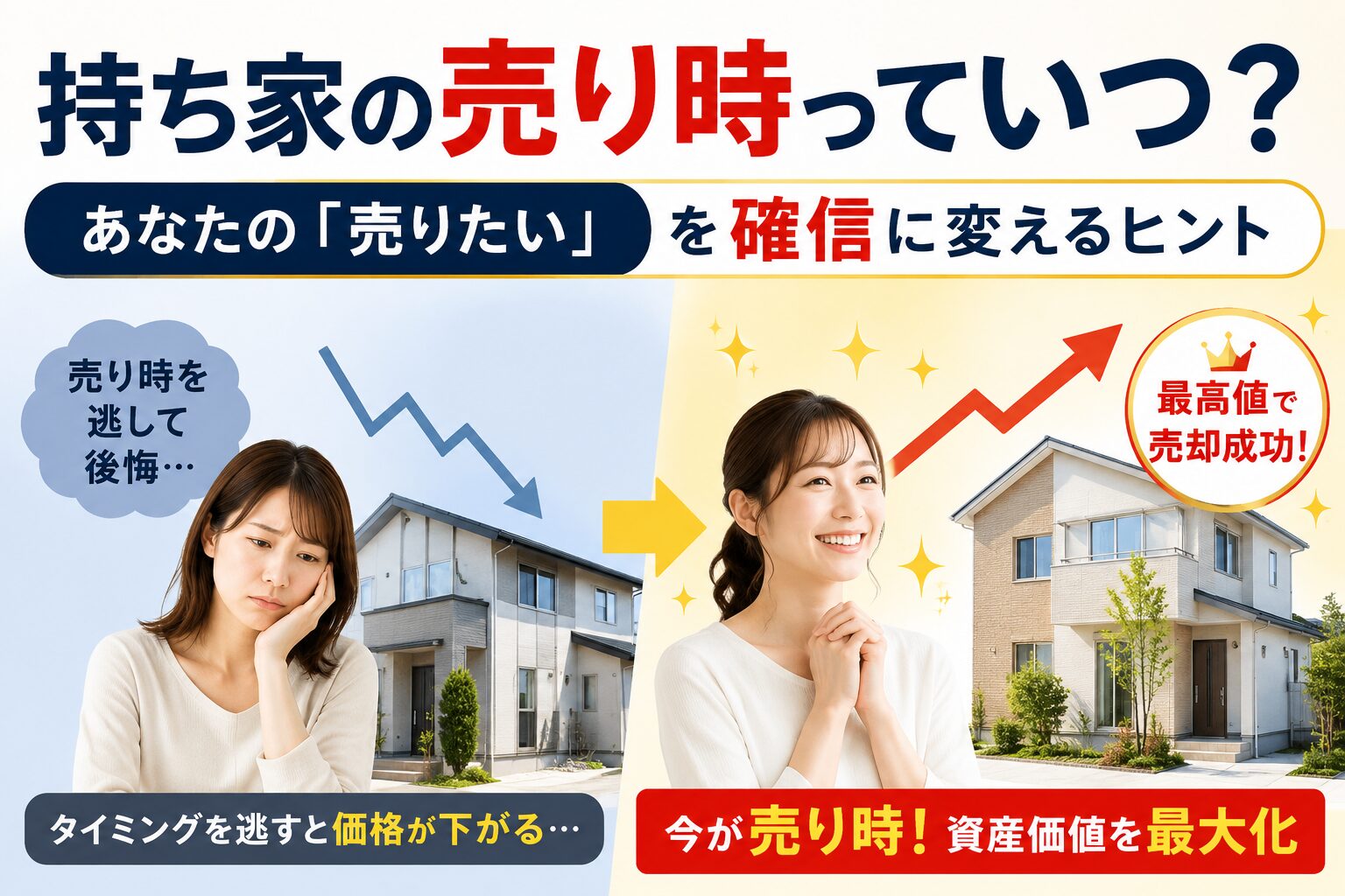 持ち家の売り時を逃して悩む人と、最高値で不動産売却を成功させるイメージ