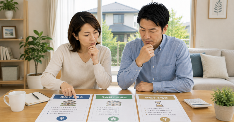 売却・住み続ける・保留の3つの選択肢を比較する夫婦