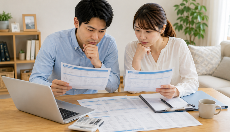 住宅ローン審査に備えて勤続年数や収入資料を確認する夫婦