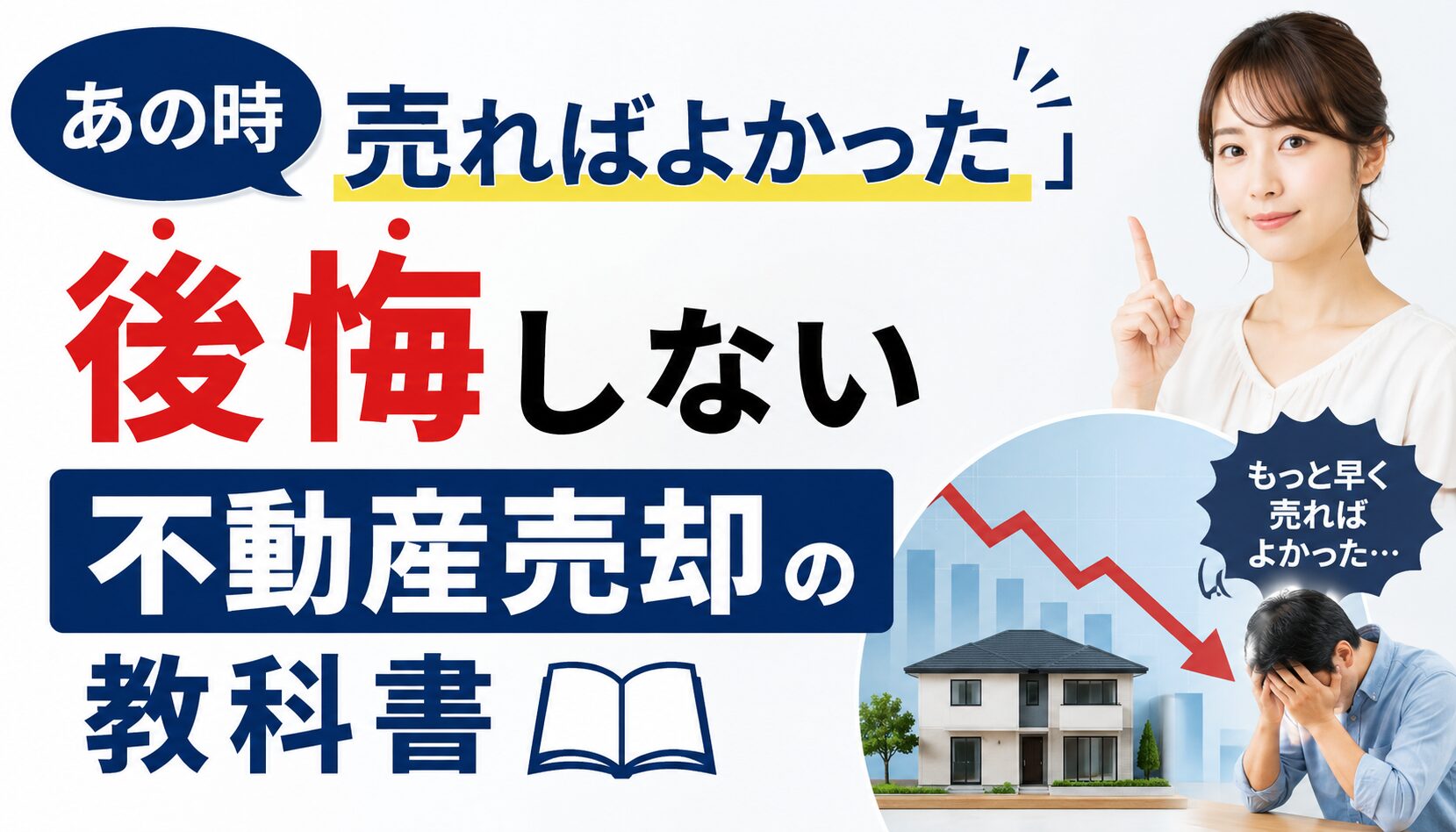 不動産売却のタイミングを逃して頭を抱え後悔する男性と、下落する住宅価格のイメージグラフ