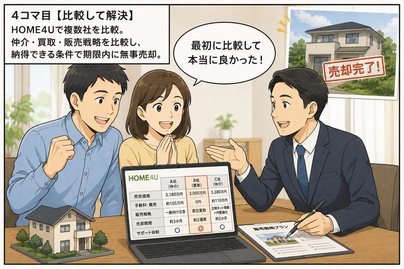 HOME4Uで複数の不動産会社の仲介・買取・販売戦略を比較し、期限内の売却に成功して喜ぶ夫婦