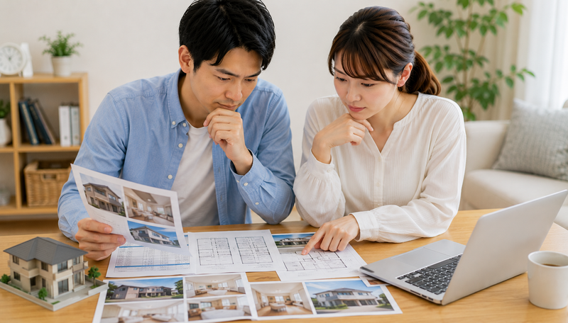 住宅ローン審査に関わる中古住宅の担保や物件条件を確認する夫婦