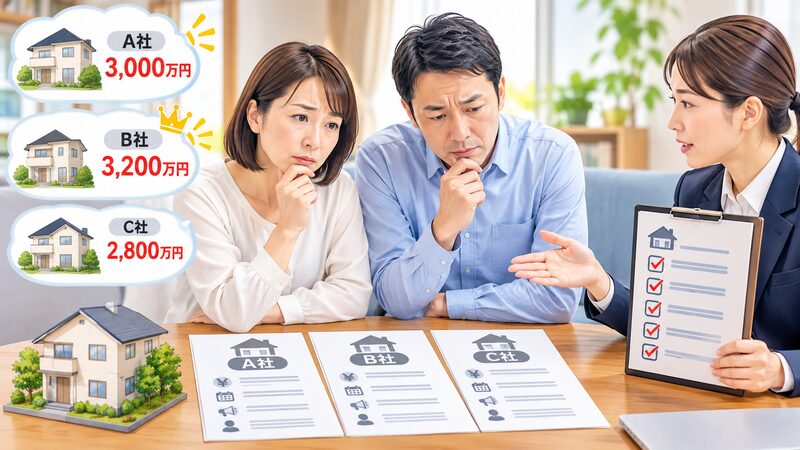 複数の不動産会社の査定価格だけでなく、販売戦略やサービス内容まで比較して検討する夫婦