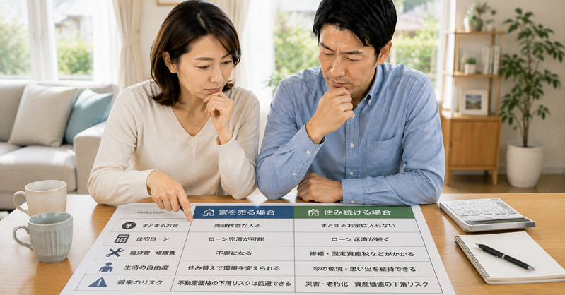 家を売るか住み続けるか条件を比較する夫婦