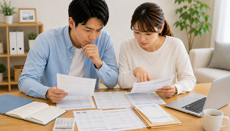 住宅ローンの申込書と必要書類に不備がないか確認する夫婦