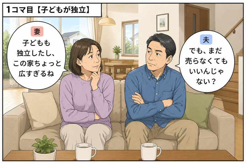 子どもの独立後、広い戸建てに夫婦2人で暮らし、家を売るか住み続けるか相談する夫婦