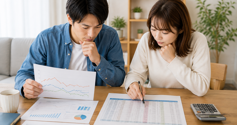 変動金利の仕組みと住宅ローン返済予定を確認する夫婦