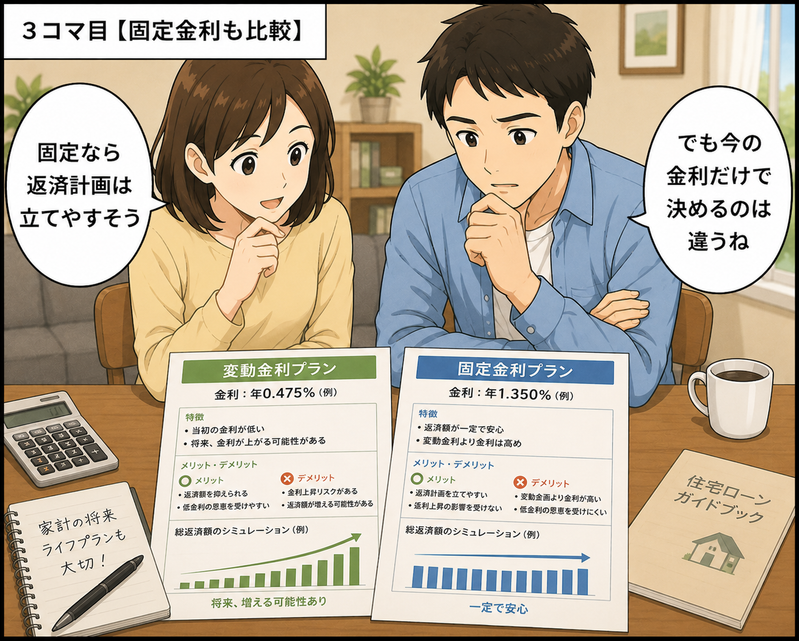 住宅ローンの変動金利と固定金利の条件を比較する夫婦