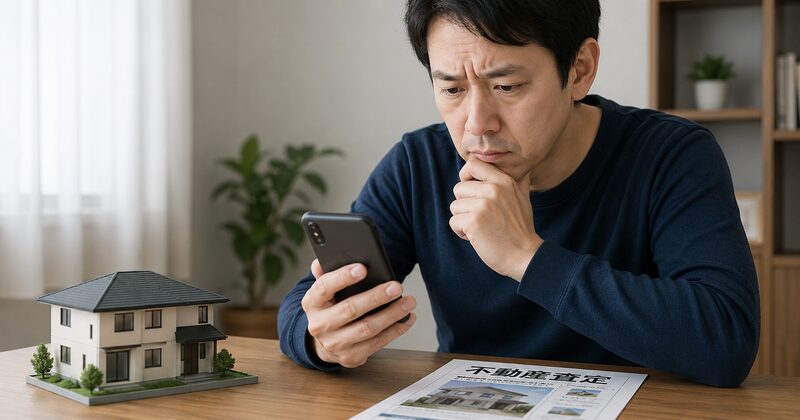 スマホで深刻な表情で不動産査定を調べる男性