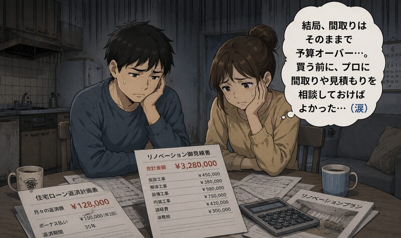 思い通りのリノベができず暗いリビングでため息をつく夫婦